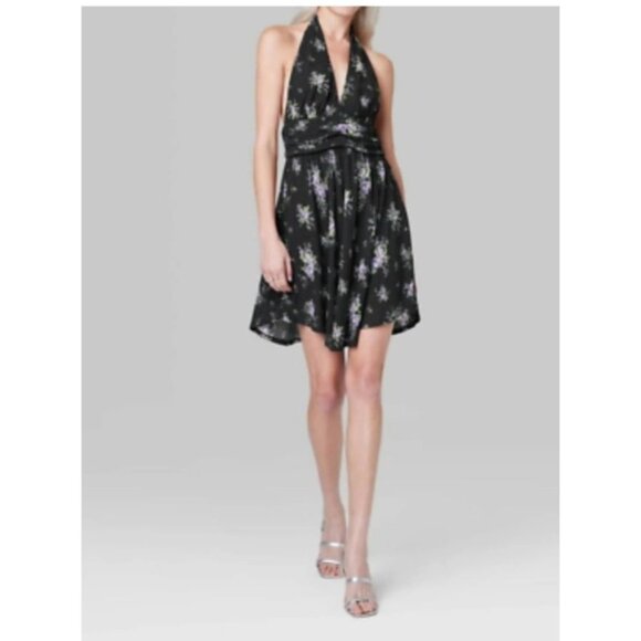 Womens Size M Black Floral Halter Neck Mini Dress Open Back Lined Sexy Party - Picture 1 of 11